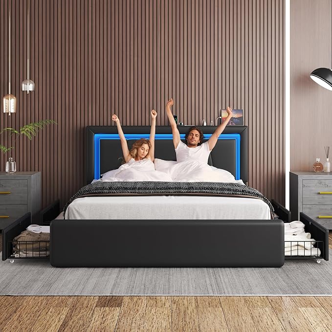 Queen Size Bed Frame with 4 Storage Drawers and LED Lights, Upholstered Platform Bed with Adjustable Headboard and Charging Station, Metal Slats Support, No Box Spring Needed,Easy Assembly, Black