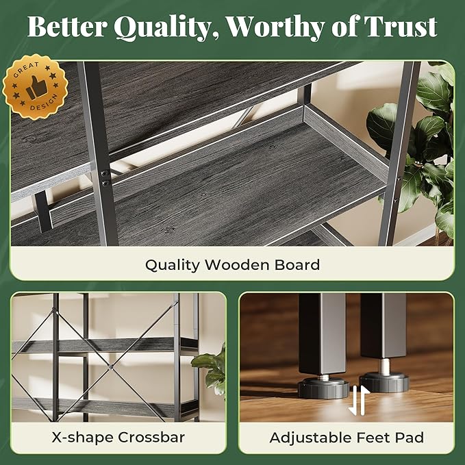 Huuger 5 Tier Bookshelf, Display Bookshelf with 10 Open Shelves and Raised Baffle, 47.2 Inch Straight Wide Bookcase with Metal Frame and Wooden Board, Adjustable Feet, Grey