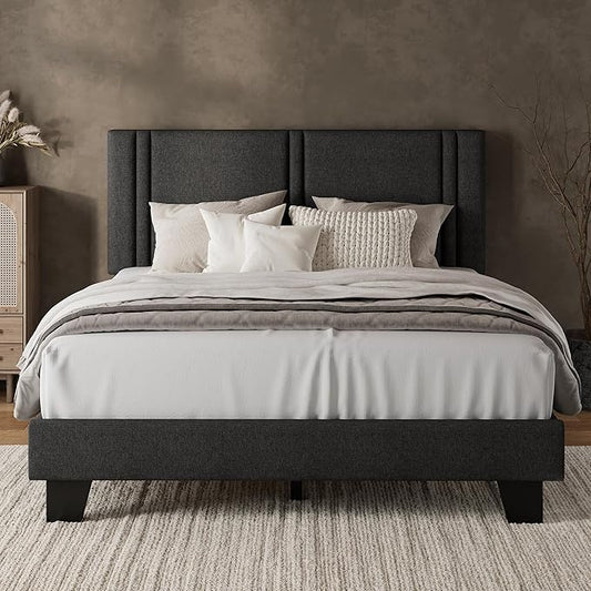 iPormis Queen Platform Bed Frame with Fabric Upholstered Headboard & Thickened Legs, Mattress Foundation w/Solid Wooden Slats Support, Noise Free, No Box Spring Needed, Dark Grey