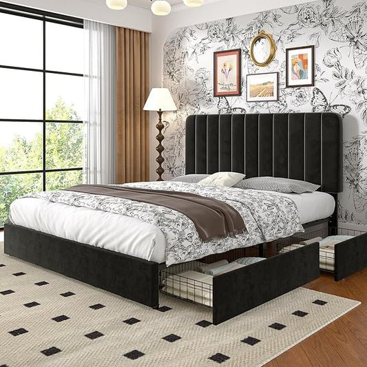 VECELO Full Size Upholstered Bed Frame with 4 Drawers and Headboard, Velvet Platform Storage Bedframe, Wooden Slats Support, No Box Spring Needed,Black