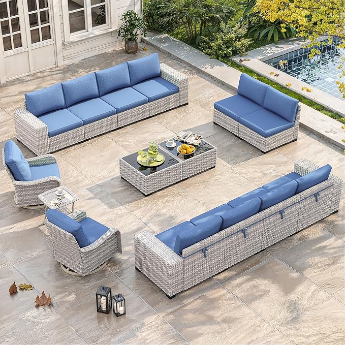 15 Piece Outdoor Wicker Rattan Sectional Sofa Set with Swivel Chairs, 12-Seats Patio with 4" Thickened Cushions & Coffee Table, All-Weather PE Rattan for Garden, Backyard, Porch, Blue