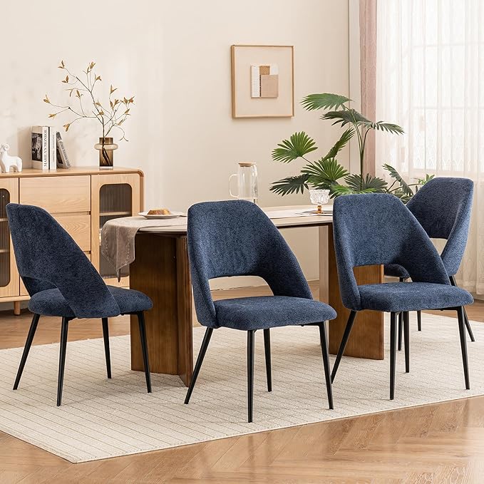 Rowill Boucle Dining Chairs Set of 2, Morden Upholstered Dining Room Kitchen Chairs with Metal Legs for Living Room, Bedroom, Restaurant, Blue