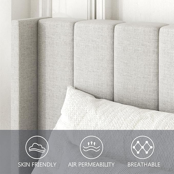 Twin Size Bed Frame with Upholstered Wingback Headboard, Easy Assemnly Platform Bed, Wooden Slat Support No Box Spring Needed, Sand