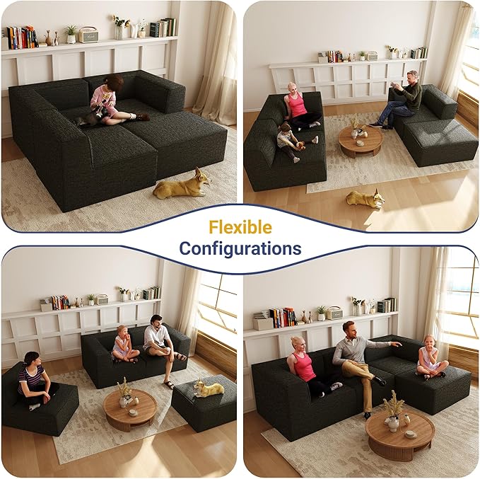 106" Sectional Compressed Sofa Modular Couches L-Shape with Chaise,High-Density Foam No Assembly Required,4-Piece(2xCorner 1xArmless 1xOttoman) for Living Room Chenille Dark Grey