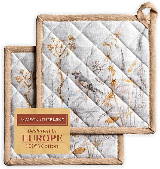 Maison d' Hermine Pot Holders Set 100% Cotton Heat Resistant Potholders 8" x 8" Hot Pads with Loop BBQ, Cooking, Grilling, Kitchen, Handling Hot Pans Spring/Summer (Pack of 2, Meadow Florals - Beige)