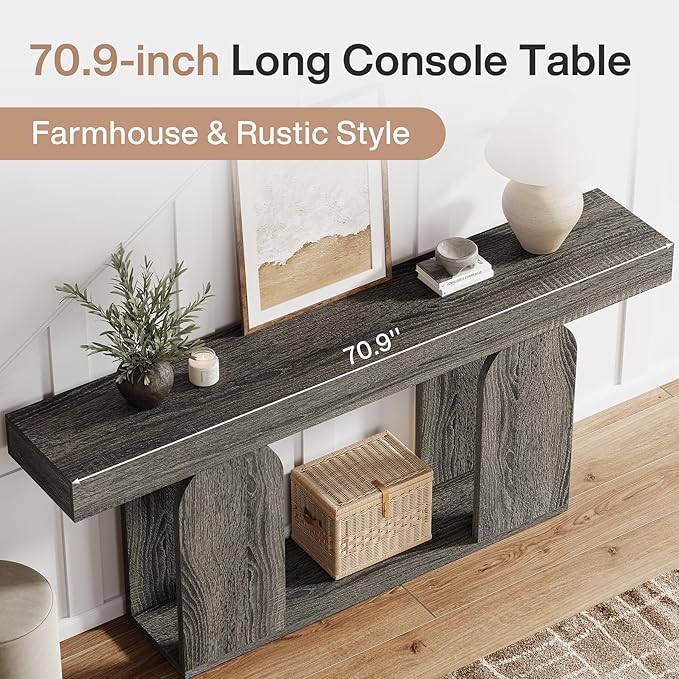 Tribesigns 70.9-Inch Extra Long Sofa Table, Farmhouse Console Tables with Wood Frame and Storage Shelf, 2-Tier Wood Table Behind Couch for Living Room, Hallway, Foyer, Light Brown (Dark Gray)