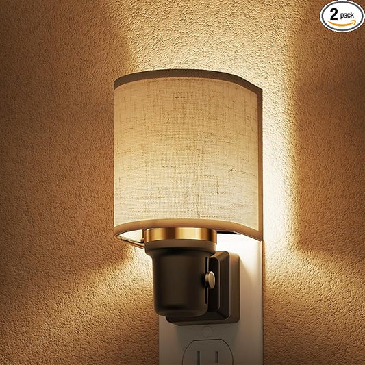 L LOHAS LED Night Lights Plug into Wall, Plug in Night Light Dimmable 100LM, Farmhouse Decorative Nightlights Plug in Wall, Light Sensor, Soft Linen Fabric Nightlight Warm for Bedroom Hallway, 2 Pack