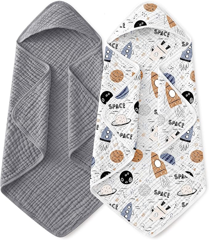 Yoofoss Hooded Baby Towels for Newborn 2 Pack 100% Muslin Organic Cotton Baby Bath Towel with Hood for Babies, Infant, Toddler and Kids, 32x32Inch, Soft and Absorbent Newborn Essential, Grey Planet