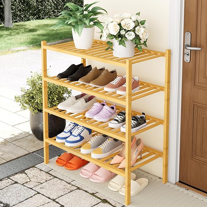 Smiry Shoe Rack, 4 Tier Thick Bamboo Shoe Organizer, Stackable Free Standing Wooden Shoe Storage Shelf for Closet, Entryway, Front Door Entrance, Natural