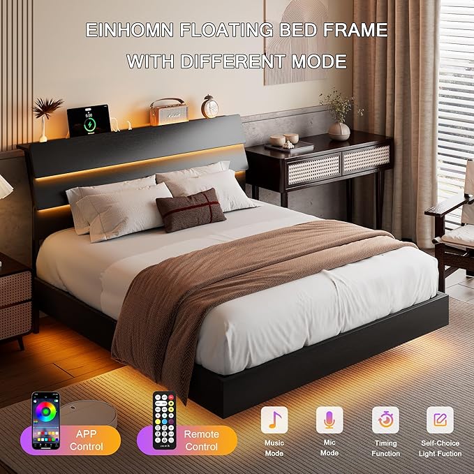 Floating Bed Frame Queen Size with Led Headboard and Charging Station, Metal Platform Bed Base with Storage, Remote Control, Heavy Slats Support, No Box Spring Needed, Noise Free, Black