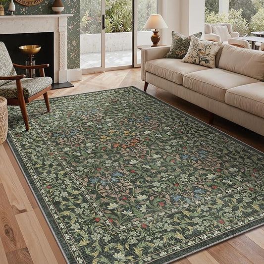 GENIMO 5x7 Floral Area Rug for Living Room, Vintage Boho Non-Slip Carpet, Soft Low-Pile Lightweight Indoor Rug, Stain Resistant Thin Rug for Bedroom, Dining Room, Nursery, Emerald Green