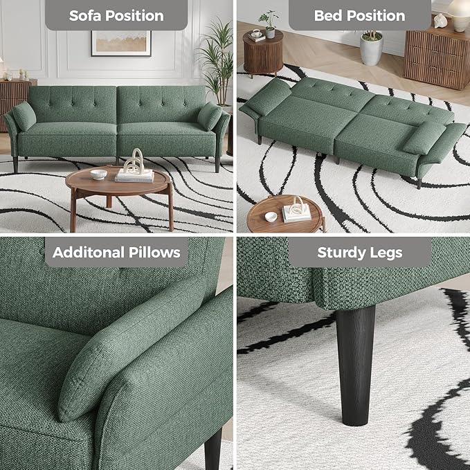 89” Futon Sofa Bed,Comfy Futon Couch Bed with 2 Square Pillows,Convertible Sleeper Sofa with Adjustable Backrest& Armrests, Modern Loveseat Sleeper for Living Room, Bedroom, Linen Green