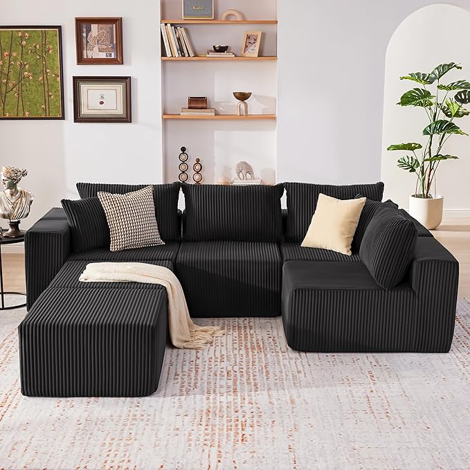 135.4" Cloud Couch Sectional, Modular Sectional Sofa with Deep Seat, Plush Corduroy U Shaped Boneless Couch, Convertible Sectional Couches for Living Room, 6Seat, Black