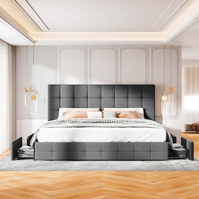 MUTICOR King Size Bed Frame with 4 Storage Drawers, Upholstered Platform Bed with Button Tufted Adjustable Headboard, No Box Spring Needed, Easy Assembly, Square Tufted, Dark Grey Fabric
