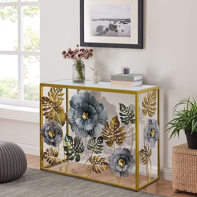 Console Table, Vintage Art Sofa Table with Metal Flower Decor, Narrow Entryway Tables with Glass Mirror Tabletop Behind Sofa, Narrow Accent Table for Entryway Living Room Hallway Bedroom