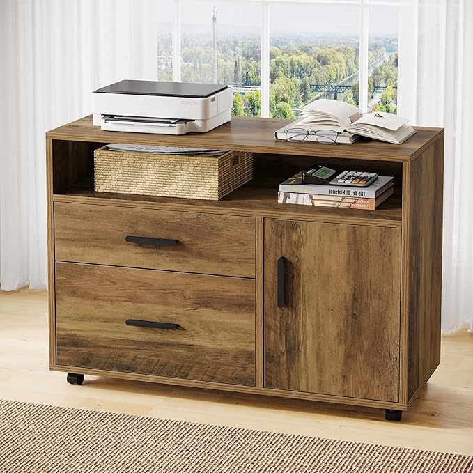 Tribesigns L Shaped Desk with Drawer Cabinet, 63" Executive Computer Desk and lateral File Cabinet, 2 Piece Home Office Furniture with Drawers for Hanging, Door (Rustic Brown, 63 inches)