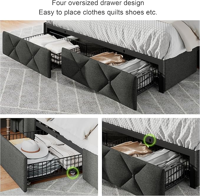 Feonase Full Size Bed Frame with 4 Storage Drawers, Upholstered Platform Bed with Charging Station, Wingback Storage Headboard, Wooden Slats Support, No Box Spring Needed, Easy Assembly, Dark Grey