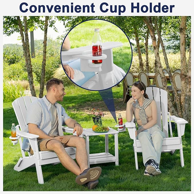 Plawdlik Folding Adirondack Chair, SGS Tested, Wooden Textured with Cup Holder, Heavy All-Weather HDPE Comfortable Set Poolside Backyard Lawn White Set 2