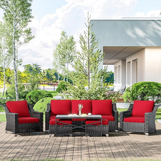 6 Pieces Wicker Patio Furniture, Luxury Outdoor Conversation Sets with 2 Patio Rattan Chair, 3-Seater Sofa, 2 Patio Ottoman and 1 Coffee Table, Wide Armrest, Thickened Cushions