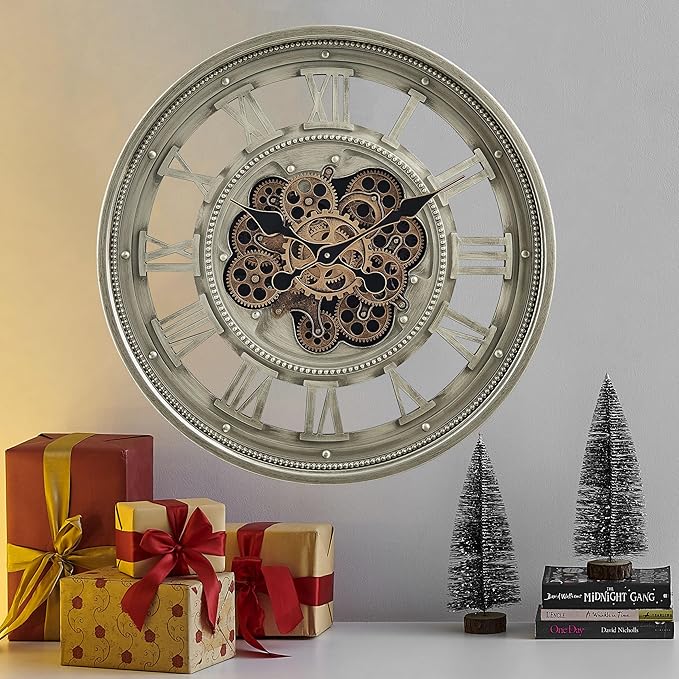 CLXEAST 24 Inch Wall Clock with Moving Gears, Oversized Large Roman Numeral Wall Clocks for Living Room Decor,Antique Champagne Finish,House Warming Gifts New Home