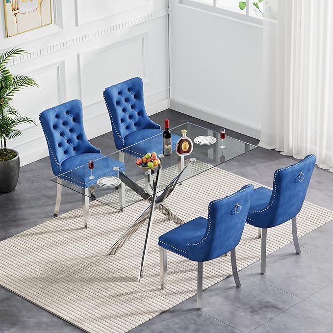 Goujxcy Glass Dining Table Set for 4, Modern Kitchen Table and Chairs Set of 4, 5-Piece Kitchen Dining Room Table Set w/61 Glass Silver Dining Table and 4 Blue Velvet Upholstered Chairs