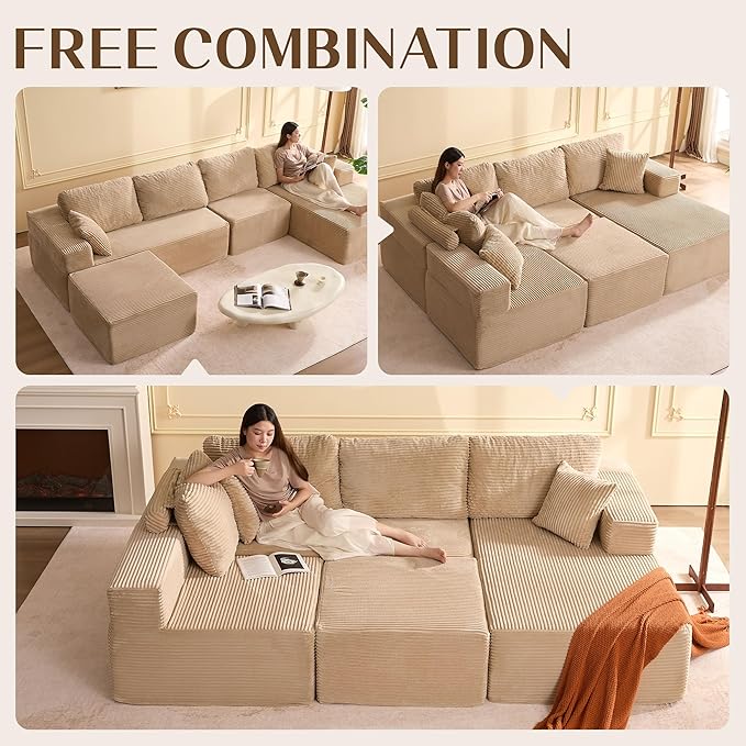 138" Boneless Couch with Deep Seat, Modular Sectional Sofa, Cloud Sectional Couch for Living Room, No Assembly Required, Corduroy, U-Shape 4 Seater Right, Camel