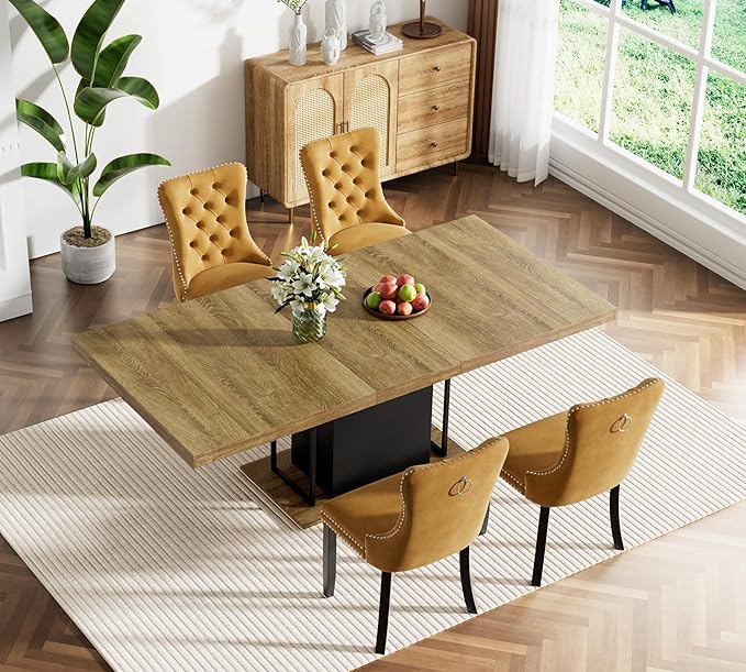 Goujxcy 78.7" Farmhouse Extendable Dining Room Table Set for 4, 5-Piece Rectangle Kitchen Dining Room Table Set with Wood Base and 4 Yellow Velvet Dining Chairs, Extending Kitchen & Dining Table Set