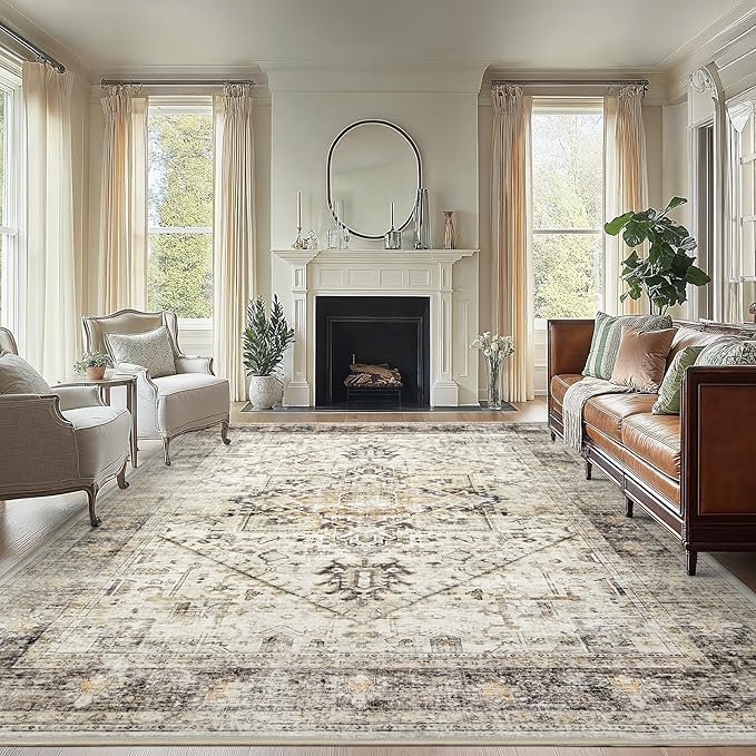 AMADA HOMEFURNISHING 8x10 Area Rugs, Low-Profile Large Washable Area Rug with Non-Slip Backing & Durable Edge Binding, Vintage Rugs for Living Room, Bedroom, Dinning Room
