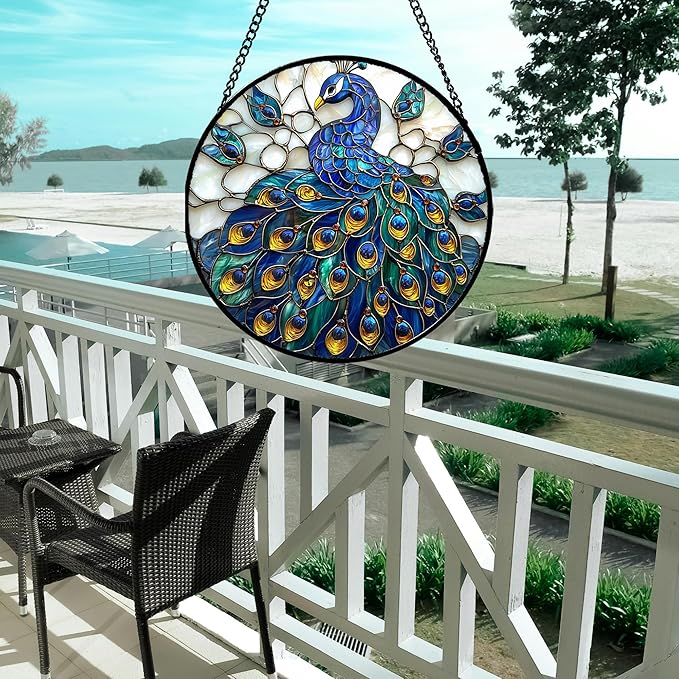 Stained Glass Window Hanging - Peacock Blue Gold Feathers Sun Catcher for Door Garden Home Decor Bird Suncatcher Christmas Mother's Day Birthday Gifts for Women Men Mom Nana 6.3 in
