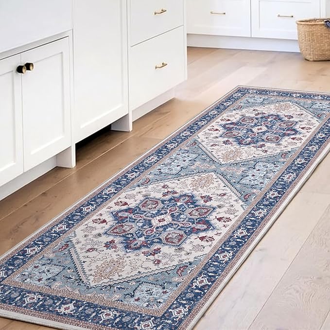 OPPODREAM Thin Entryway Rug 2x6, 2x6 Rug Runner, Washable Hallways Carpet 2 x 6 with Non Slip Backing, Low-Pile Bedside Carpet 2 x 6, Long, Faux Cashmere, Navy Blue & Red & Cream