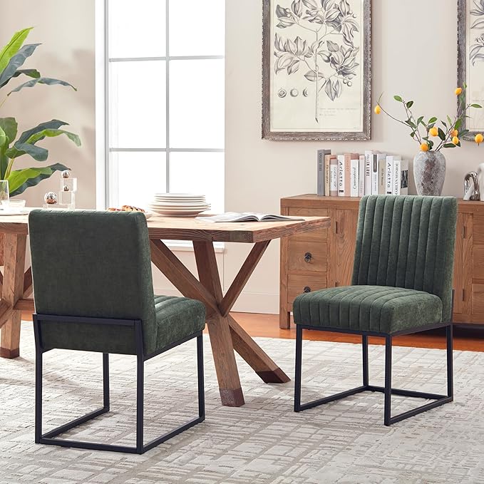 VKNOW Upholstered Dining Chairs, Modern Dining Room Chairs with Stripe, Linen Kitchen Chair Dinner Chair with Black Metal Base for Kitchen Office, Green