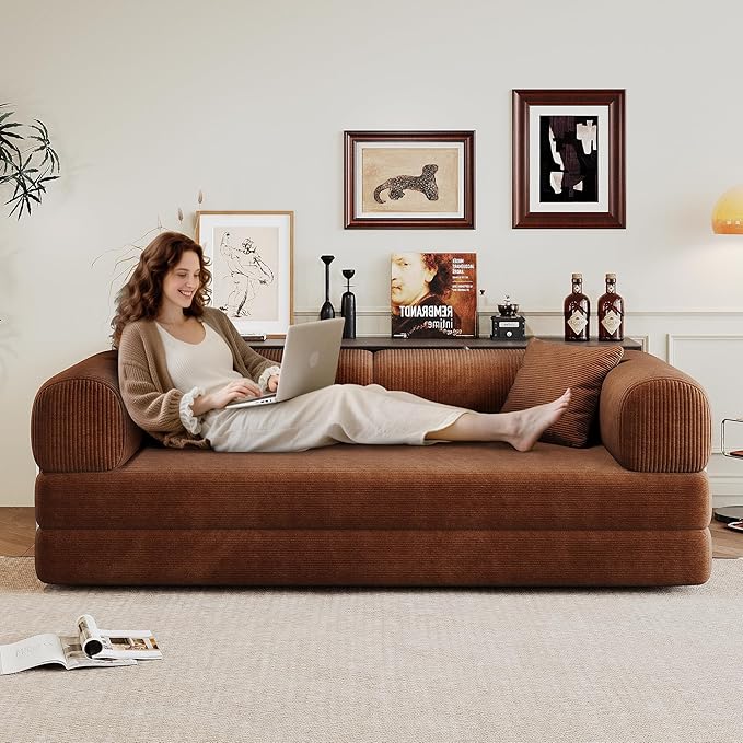 Boneless Couch Sectional Sofa,Convertible Sofa Bed with Sleeper Sofa,Futon Floor Couch Folding Sofas for Living Room,Bedroom,Apartment (Orange, 78.8''W)