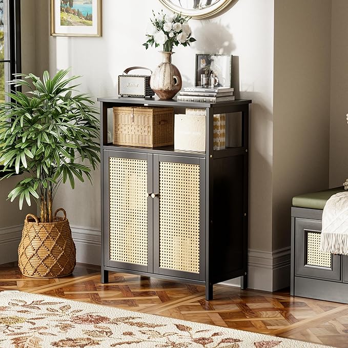 HITNET Bamboo Floor Cabinet, Bathroom Storage Cabinet with 2 Rattan Doors and Shelves, Space Saving Freestanding Kitchen Cupboard, Black