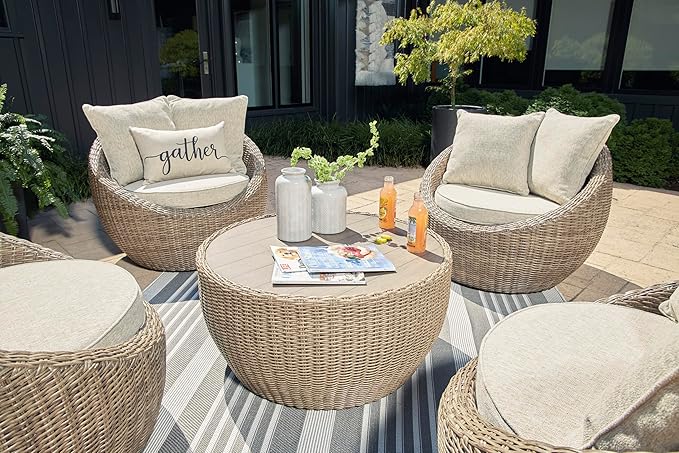 Signature Design by Ashley Danson Outdoor Lounge Chair with Cushion and 360-Degree Swivel, Set of 2, UV-Resistant Performance Fabric and Resin Wicker, Light Brown