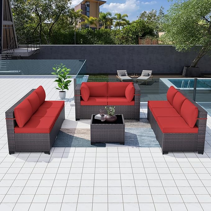 Kurapika 9 Pieces Patio Furniture Set, Rattan Wicker Outdoor Conversation Sets w/4in Cushion and Glass Coffee Table(Red)