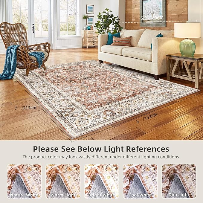 Deerly Machine Washable 5x7ft Area Rugs, Non Slip Large Rug for Living Room Bedroom Dining Room, Low-Pile Kid & Pet Friendly Distressed Carpet Print Floor Rug(Brick Red)