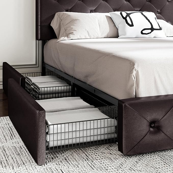 MUTICOR Queen Size Bed Frame with 4 Storage Drawers, Upholstered Platform Bed with Button Tufted Adjustable Headboard, No Box Spring Needed, Easy Assembly, Diamond Tufted, Brown Leather