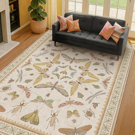 Beige and Yellow 5x7 Boho Rug for Living Room - Foyer Rugs for Entryway, Bedroom, Nursery Room, Insect Butterfly Bug Print, Washable Stain Resistant Home Décor