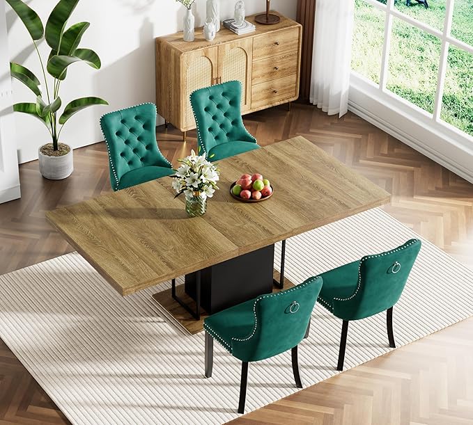 Goujxcy 78.7" Farmhouse Extendable Dining Room Table Set for 4, 5-Piece Rectangle Kitchen Dining Room Table Set with Wood Base and 4 Green Velvet Dining Chairs, Extending Kitchen & Dining Table Set