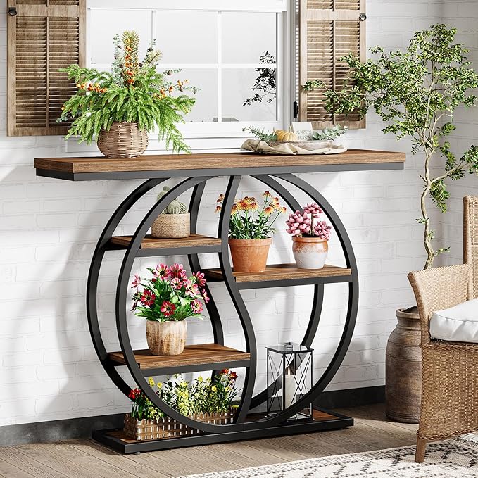 Tribesigns 47.24" Entryway Table, Industrial 5-Tier Console Sofa Table with Multiple Storage Shelves, Narrow Wood Accent Long Tables with Metal Frame for Small Spaces, Hallway, Foyer, Rustic Brown