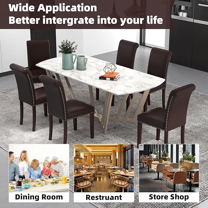 Westice Dining Room Chairs Set of 6 Upholstered PU Leather Kitchen Chairs Dining Room Side Chair with Nailhead Trim and Rubber Wood Legs for Small Space Apartment, Brown