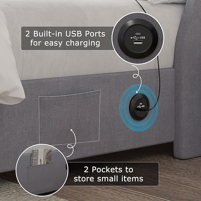 VECELO Queen Size Bed Frame with Storage Drawers, Upholstered Platform Bedframe with Wingback Headboard, No Box Spring Needed, Classic Grey