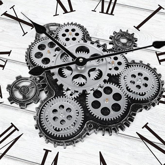 Lafocuse 23 Inch Large Wall Clock with Moving Gears for Living Room, Wooden White Steampunk Gear Clocks with Roman Numerals, Home Decor