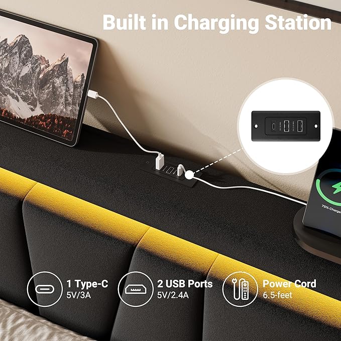 Allewie Full Size LED Bed Frame with Charging Station, Velvet Upholstered Platform Bed with Geometric Wingback Headboard, Modern Frame with No Box Spring Needed, Easy Assembly, Black