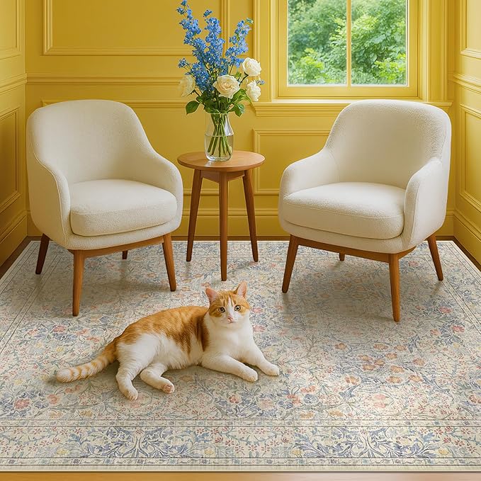 Beige Blue Living Room Rug 5x7, Cottage Area Rug for Bedroom, Vintage Washable Floral Mat for Nursery, Office, Low Pile Non Slip Stain Resistance French Country Style Retro Indoor (5x7 Beige Blue)