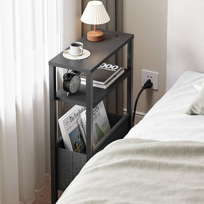 Narrow Side Table with Charging Station, Slim End Table with Magazine Rack, Bedside Table for Small Spaces, 3 Tier Sofa Couch Table Nightstand for Living Room, Bedroom, Black LET503BE