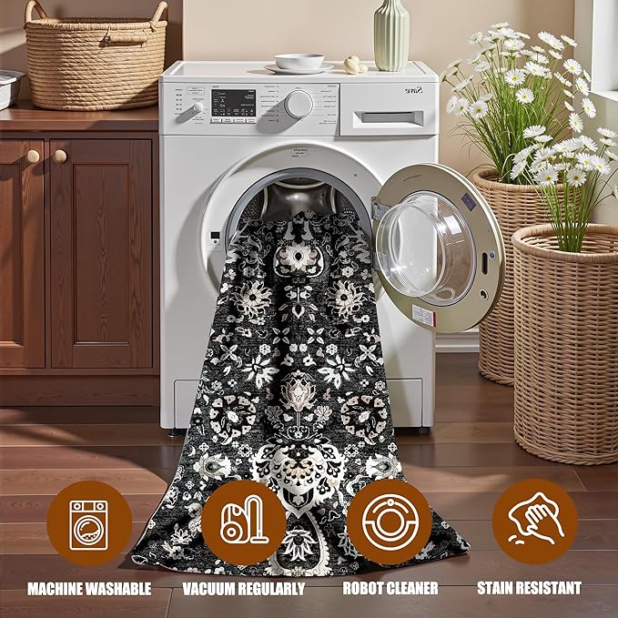 9x12 Rugs for Bedroom, Vintage Washable Rugs Non Slip Large Area Rug for Living Room Dining Room Office, Floor Decoration Big Rug Carpet Low-Pile Kid & Pet Friendly(Blcak Navy Multi