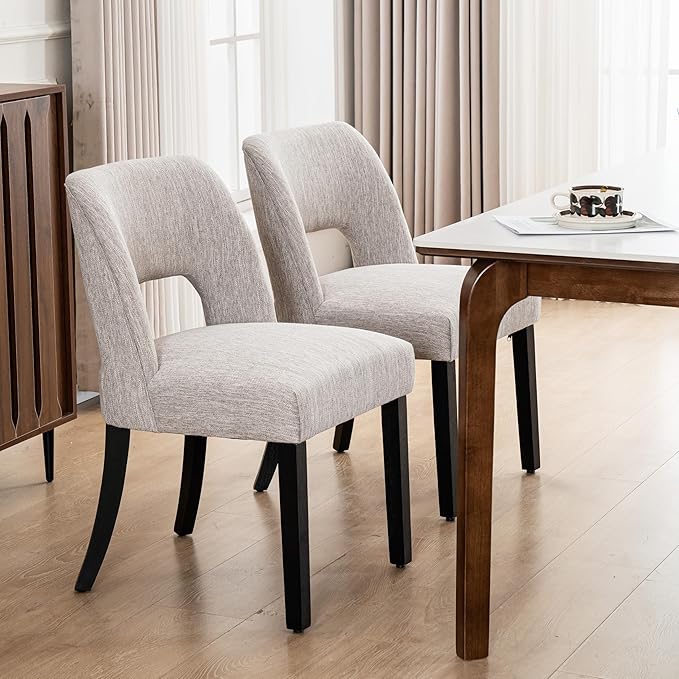 VKNOW Wooden Dining Chairs Set of 2, Modern Fabric Upholstered Dining Room Chair Kitchen Chairs, Farmhouse Dinner Chair for Kitchen Dining Room, Grey-Black Legs