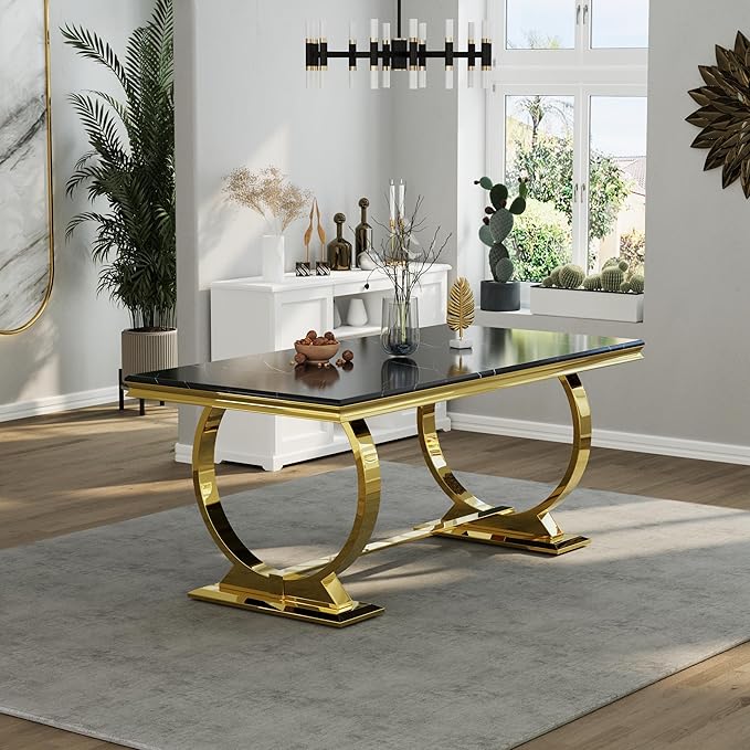 Asday Black and Gold Dining Table, 72 inch Luxury Dining Room Table with Gold Stainless Steel Metal U-Base for 4-8