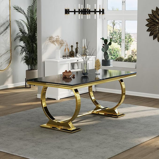 Asday Black and Gold Dining Table, 72 inch Luxury Dining Room Table with Gold Stainless Steel Metal U-Base for 4-8